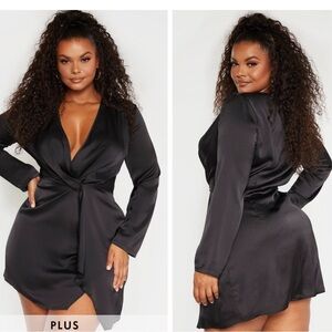 Pretty Little Thing Plus Black Satin Long Sleeve Wrap Mini Dress 3X / 26